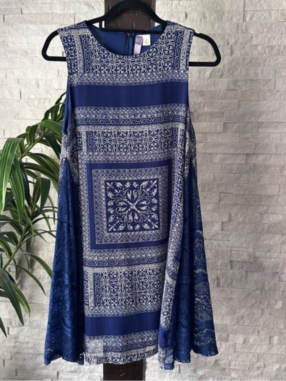 Alya Blue Cream Boho Swing Lace sleeveless Dress Size Small